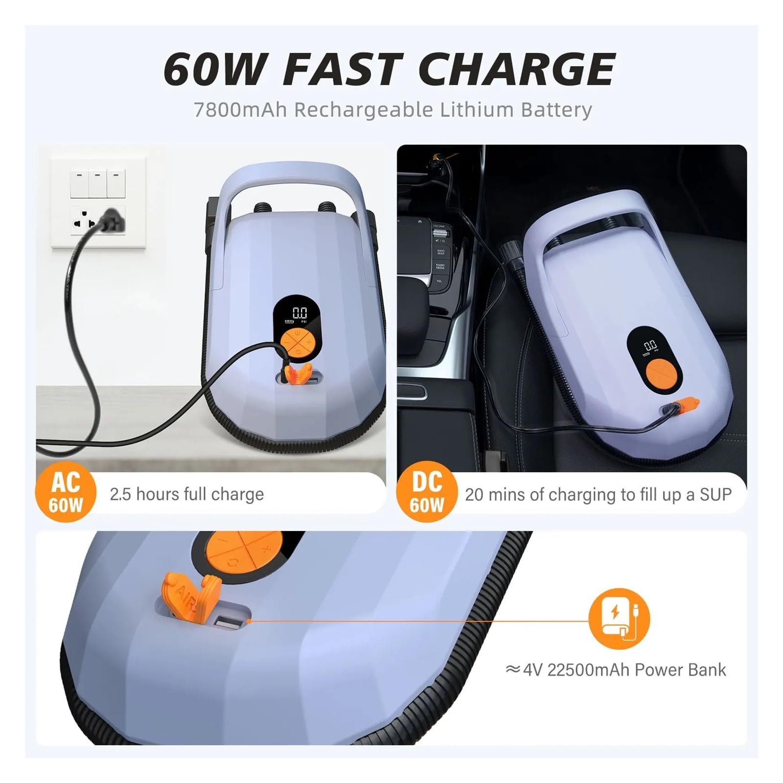 Inflador Electrico, Bomba de aire eléctrica con batería de 7800 mAh, 20 PSI máx., recargable, for conectar al coche.