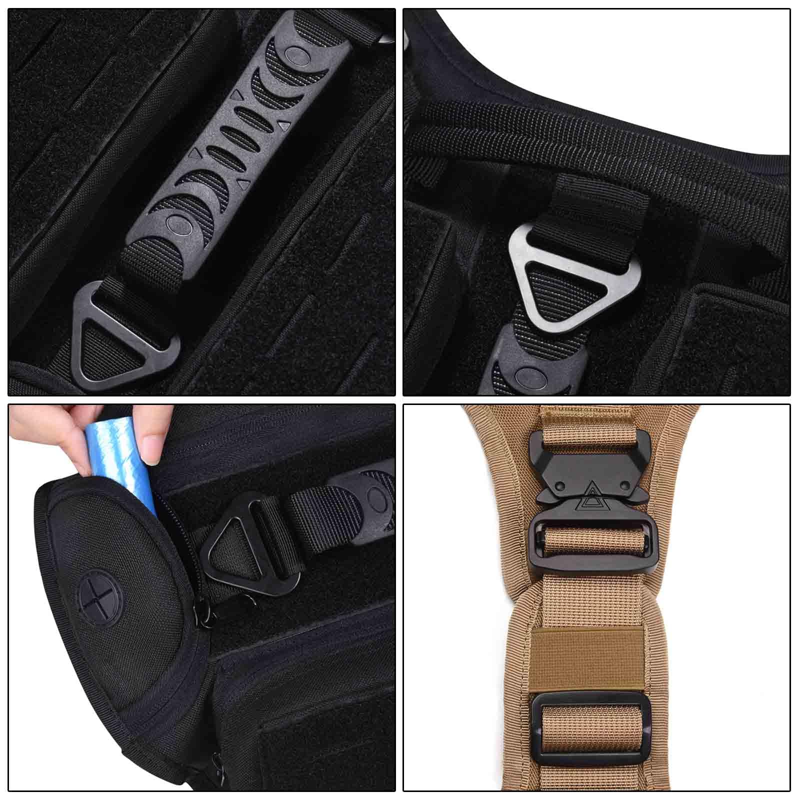 Arnés para perros con 3 bolsillos, 2 asas, 3 anillas en D, táctico acolchado, ajustable, arnés de seguridad Molle para perros medianos y grandes (marrón, L)