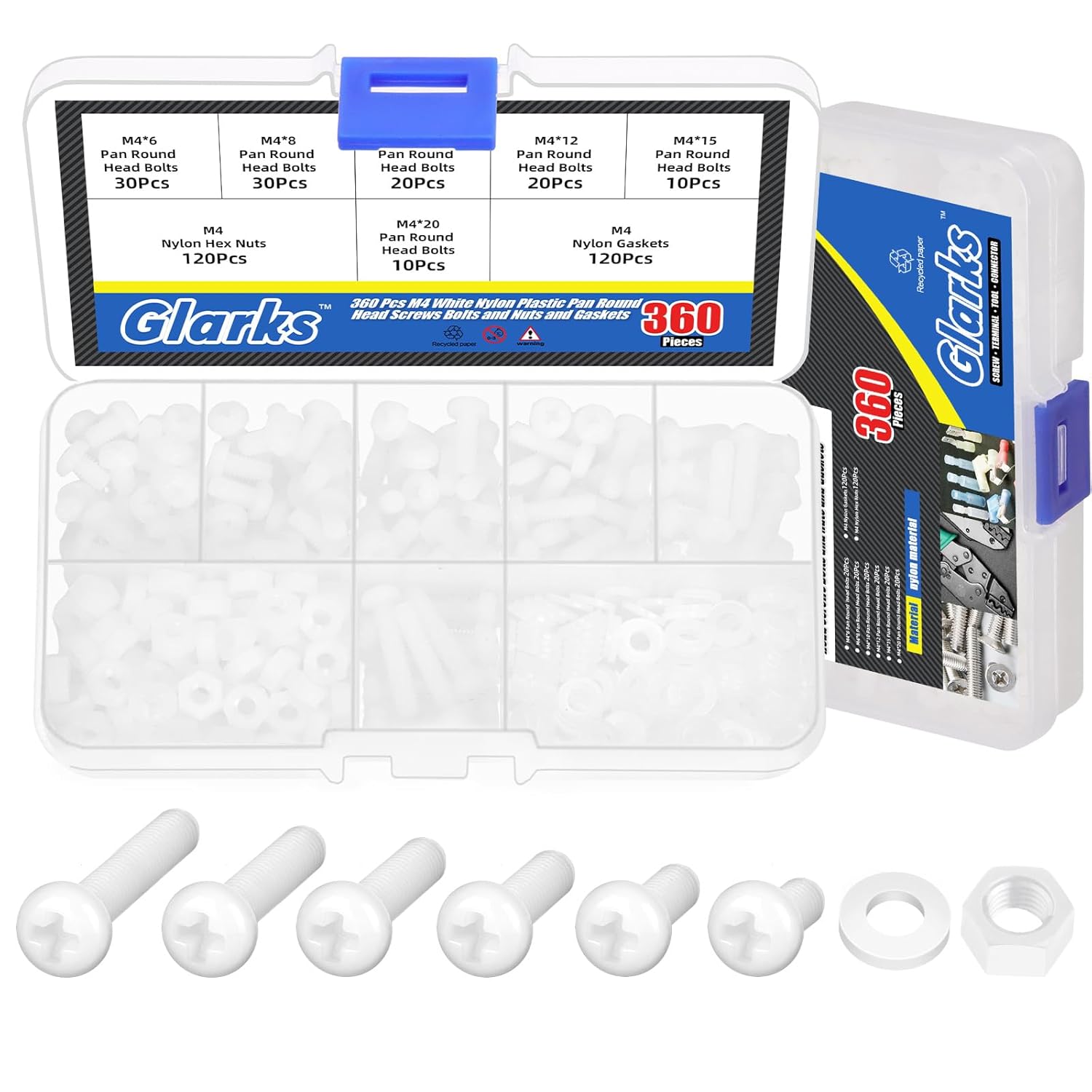 Glarks 360pcs M3 x 4/5/6/8/10/12MM Nylon Phillips Pan Head Screws Nut Washer Kit, White Nylon Phillips Cross Round Head Machine Screw for Various Industrial Fastening Applications