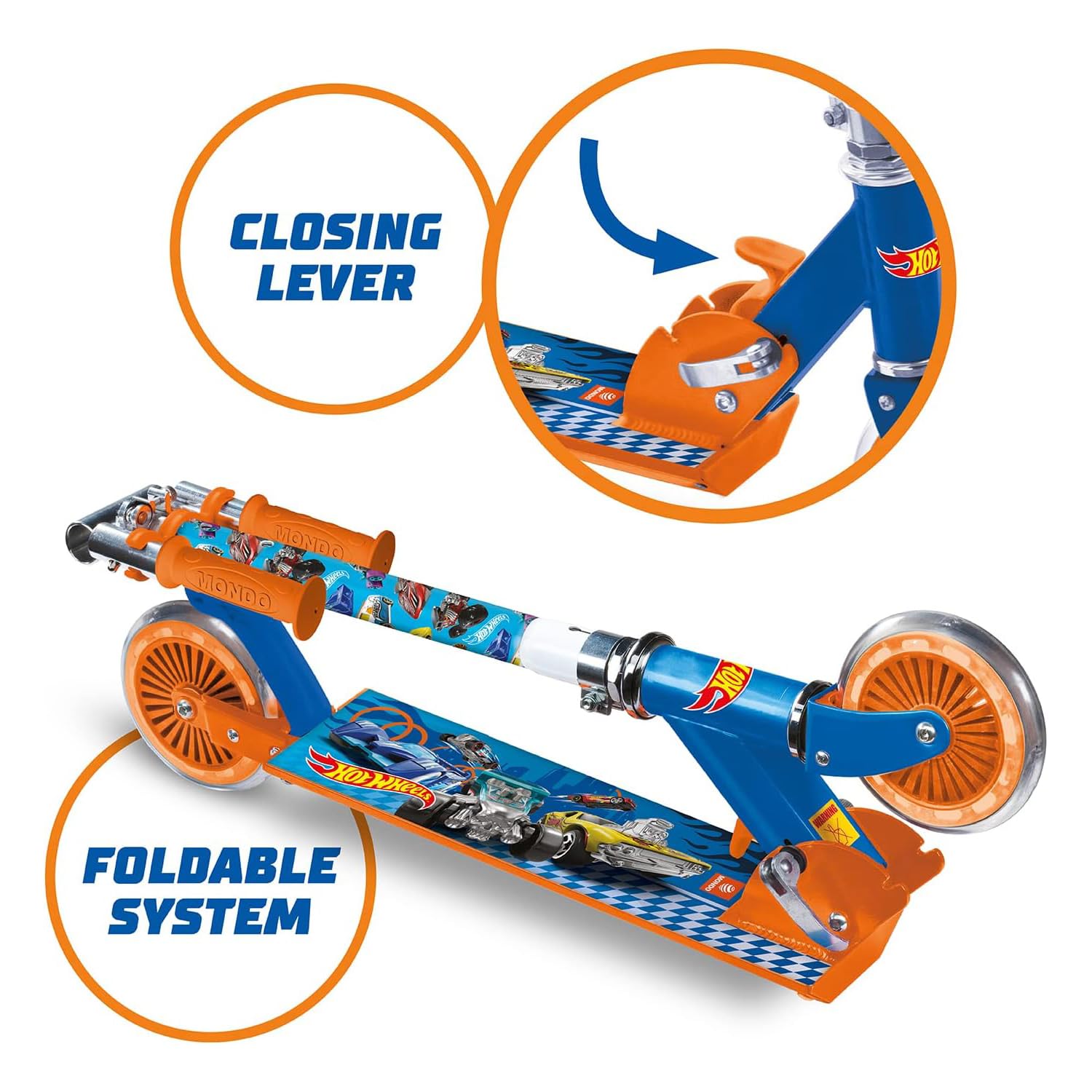 Mondo Toys 18456 Hot Wheels Scooter with 2 Wheels Aluminium Folding Scooter with Extra Grip Tray and Adjustable Handlebar for Children and Girls