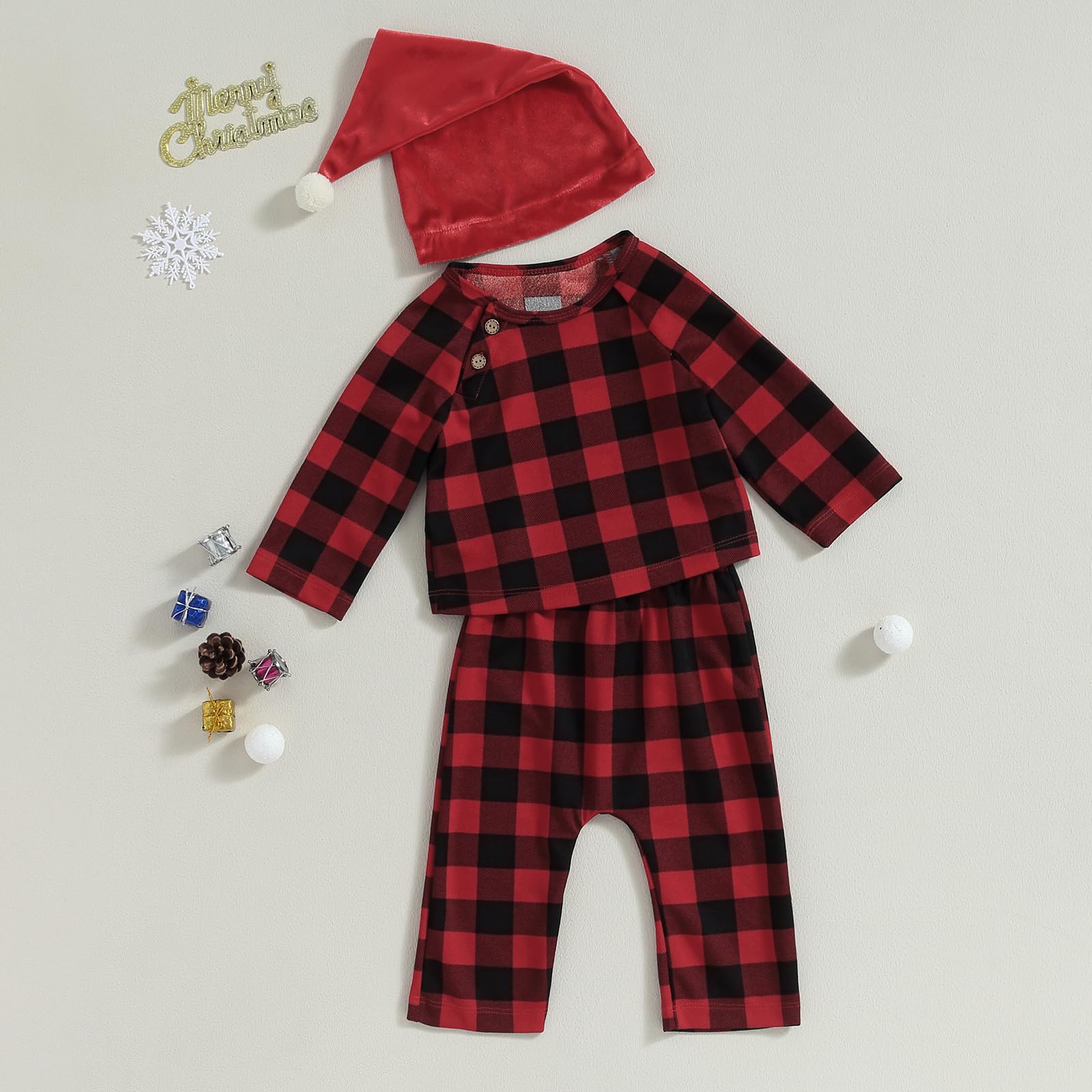 NANYKNIGHTY Baby Girl Boy Winter Outfit Xmas Deer/Santa/Tree Sweatshirt Baby Christmas Pant Set Clothes (Red Grid 3PCS, 18-24 Months)