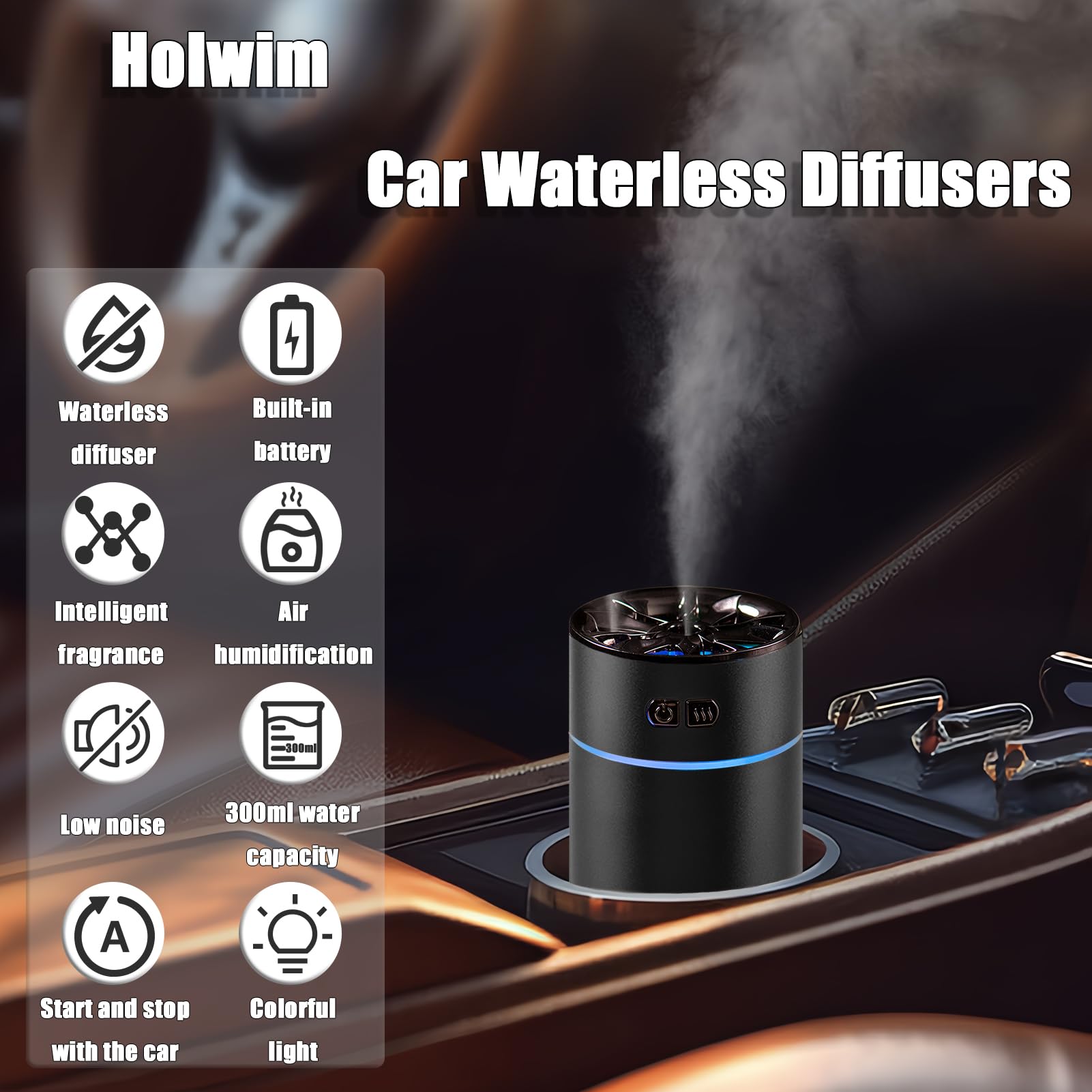 Holwim Waterless Car Diffuser for Essential Oils, 300ml Dual Nozzle ...