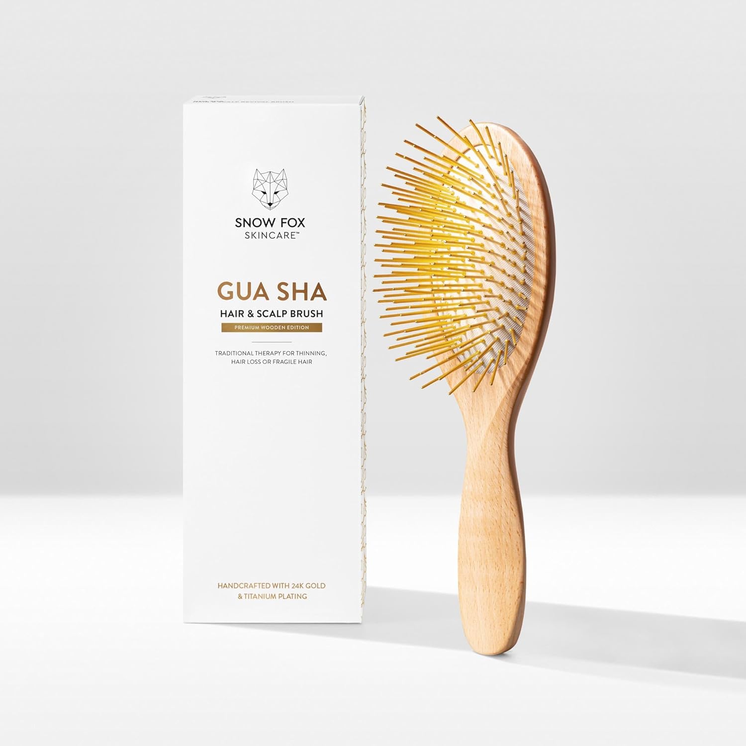 Snow Fox Skincare Gua Sha Hair Brush - Wooden Edition. Scalp Massage Comb with Gold-Plated Metal Bristles for Healthy Follicles. Soothing Gua Sha Acupressure Tool for All Hair Types