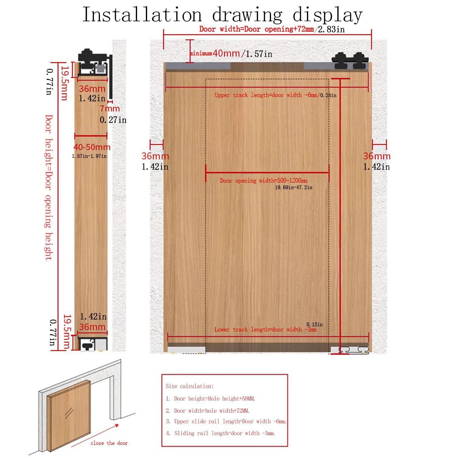Kit de porte coulissante - quincaillerie de porte coulissante cachée avec fermeture en douceur, kit de porte fantôme coulissante invisible sans rail pour porte en bois simple,1.2m/3.9ft