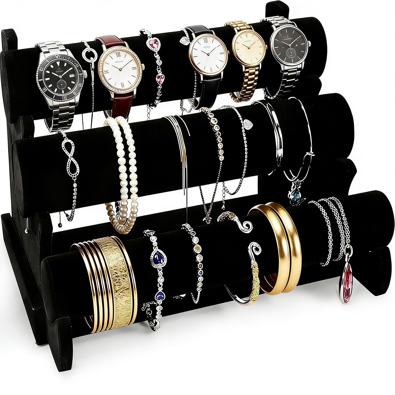 Barelove Black3 2 Tier Black Velvet T-Bar Bracelet Watch Jewelry Stand Display (Black3)