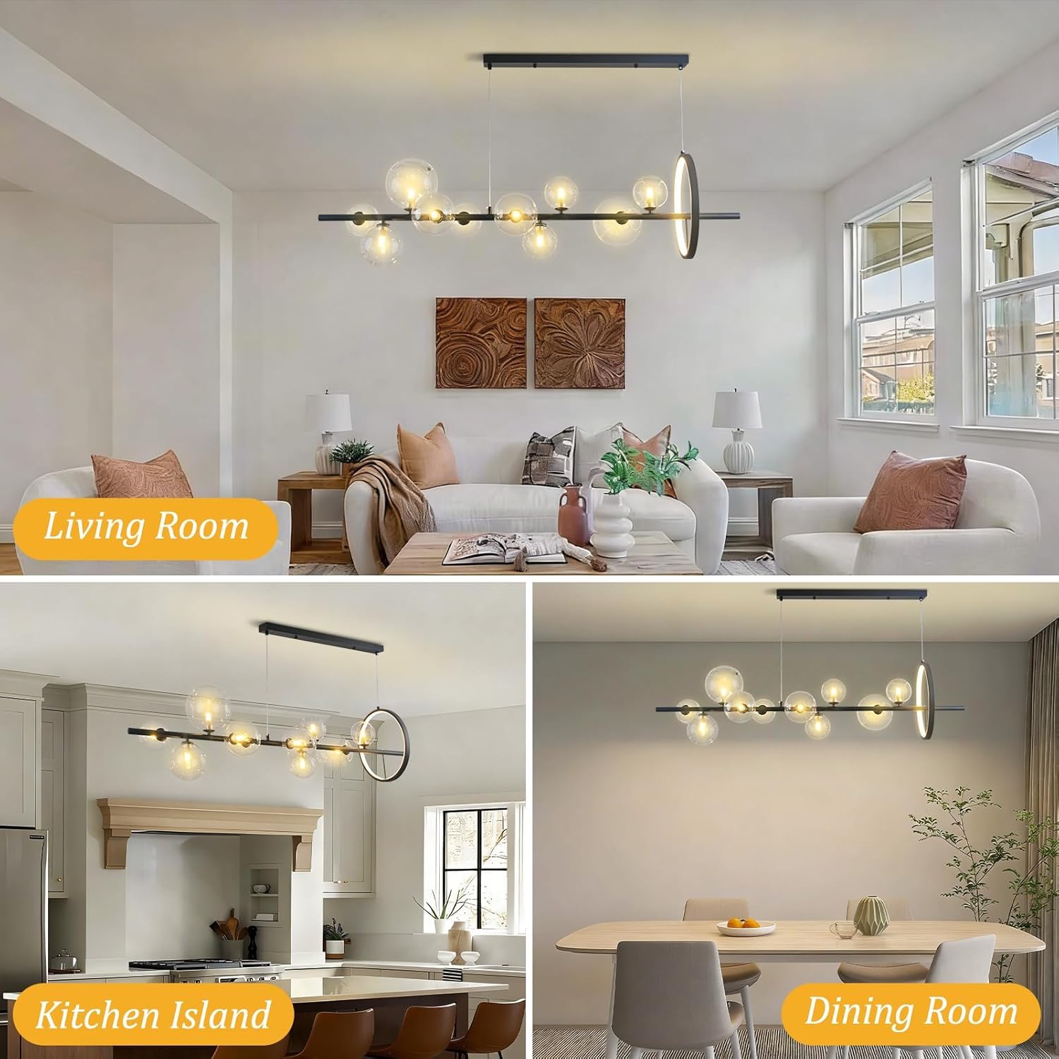 Lampada a Bolle Sospesa,Design Minimalista con Sfere di Vetro e Struttura in Metallo Nero Opaco,Per Tavolo da Pranzo o Isola Cucina, Installazione a Soffitto (nero, 120 * 30cm)