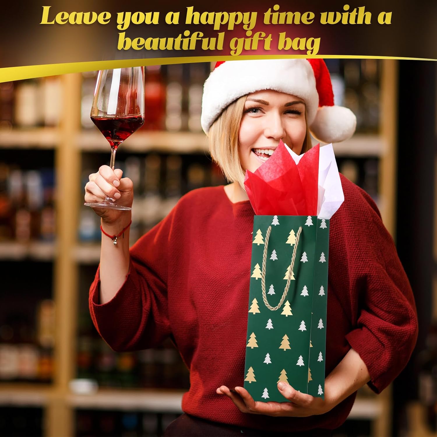 Woanger 60 Pieces Christmas Wine Gift Bags Bulk Red Green White Holiday Wine Bottle Bags with Handles and 300 Tissue Paper for Whiskey Spirits Drinks Xmas Winter Party Gift Wrapping Supplies(Tree)