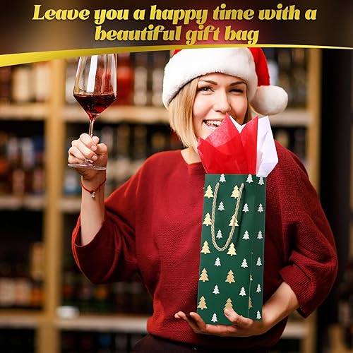 Miniatura 5 de Woanger 60 bolsas de regalo de vino de Navidad a granel de color rojo, verde y blanco, bolsas para botellas de vino navideñas con asas y 300 papel