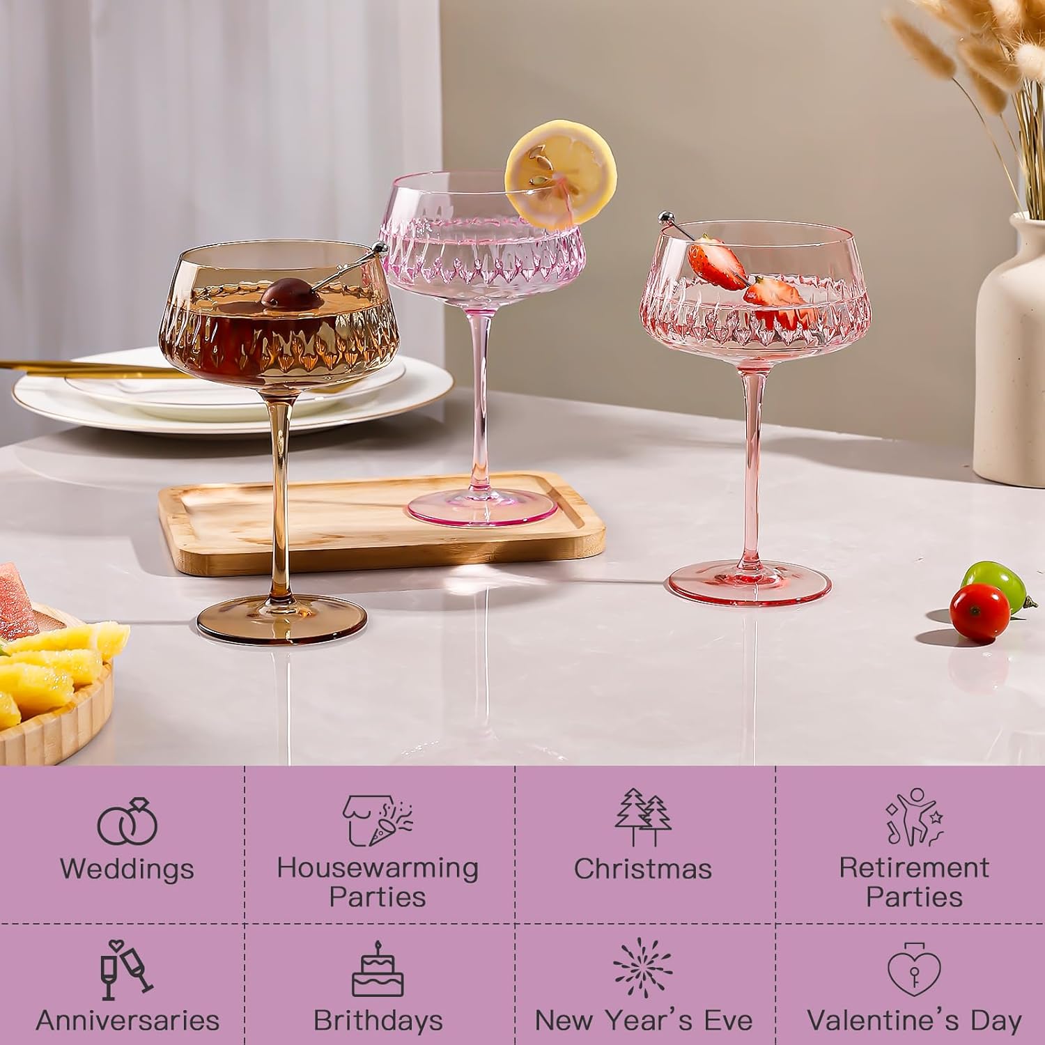 Colored Martini Glasses Set of 6, Hand Blown Margarita Cocktail Glass 14Oz, Large Vintage Champagne Coupe Glasses, Crystal Retro Style Bar and New Year Drinking Glasses, Valentine's Day Gifts - Image 7