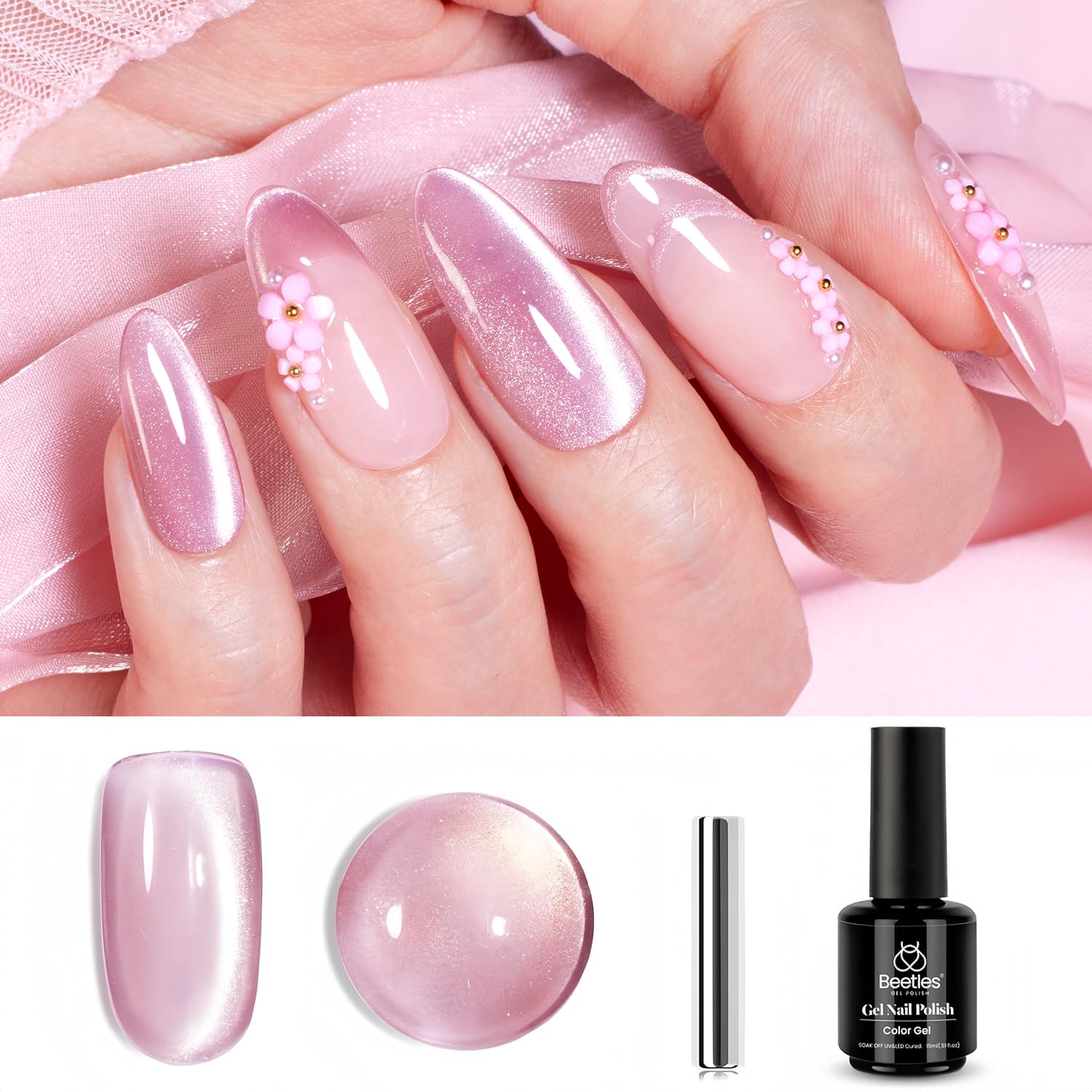 Beetles Pink Cat Eye Gel Nail Polish - 15ML Pink Cat Eye Glitter Gel Polish with Magnet Jelly Translucent Glass Effect Soak Off UV Nail Art DIY Manicure Gifts for Women