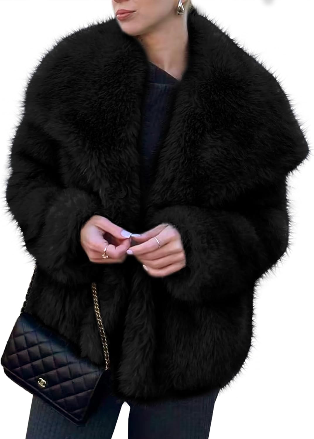 Simplee Womens Faux Fur Coat Long Sleeve Fluffy Lapel Shaggy Jacket Winter Casual Warm Fuzzy Short Outerwear