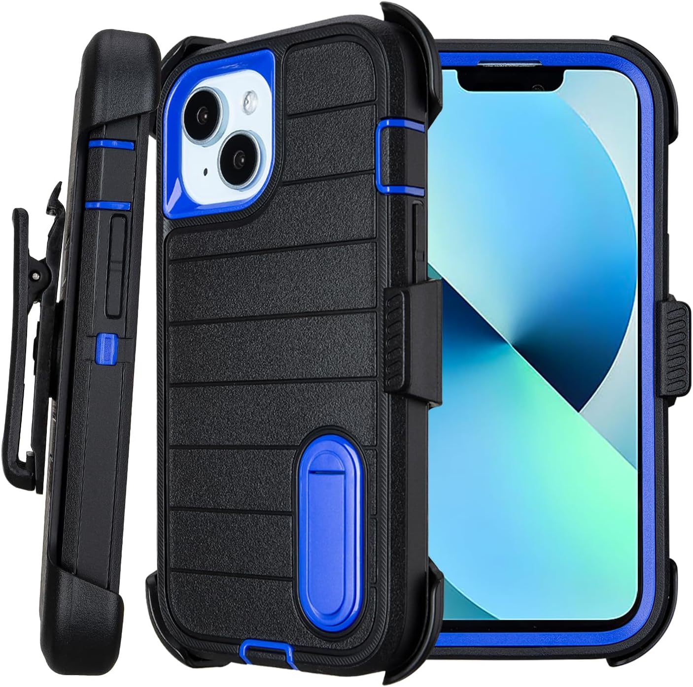 for Phone case iPhone 13 Case with Belt Clip, Heavy Duty Military Grade Drop iPhone13 Protective Case, Shockproof Defender Cover for iPhone 13 Cases 6.1 inch (Black+Blue)