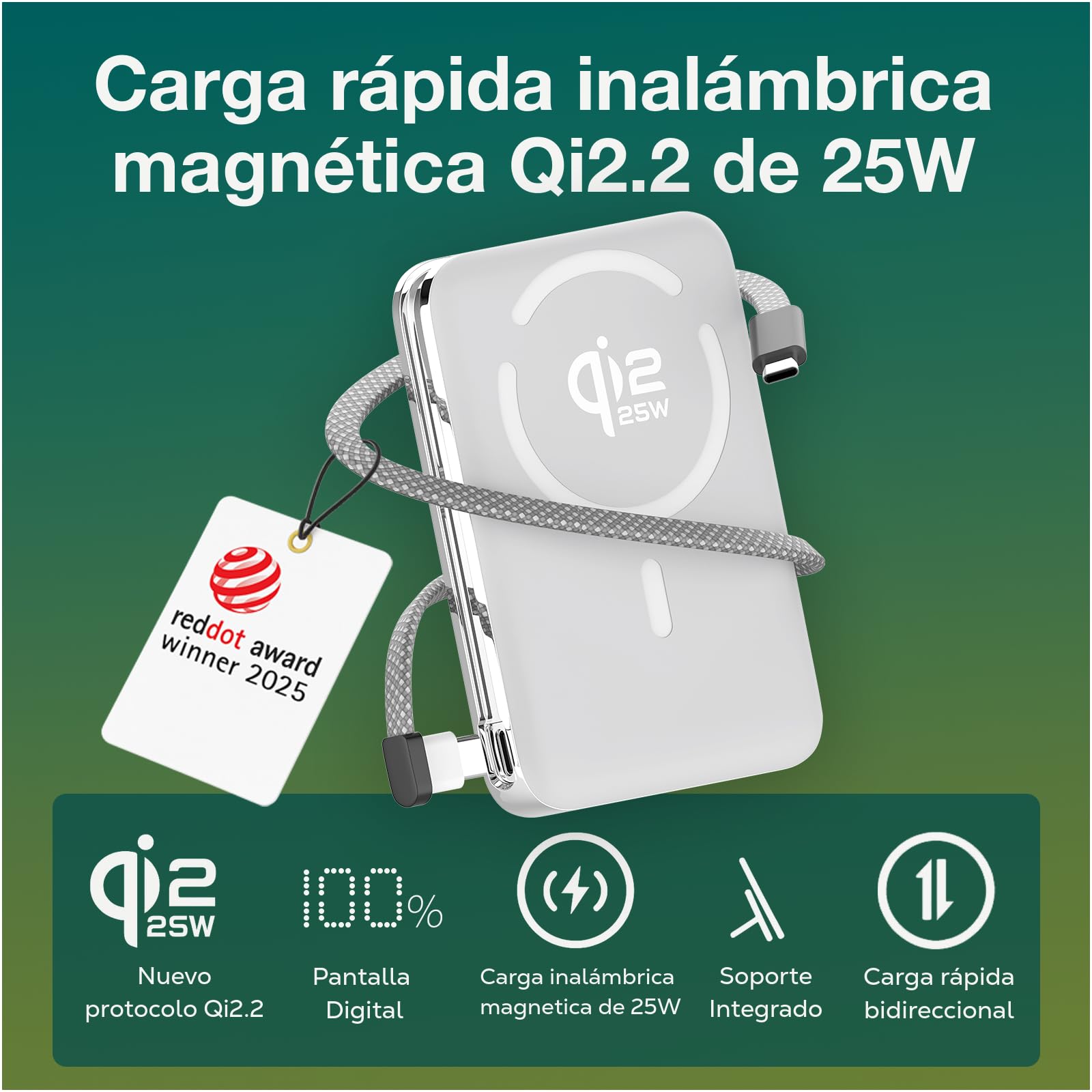 Power Bank Magnético Qi2.2 25W Certificado – 10000mAh Cargador Inalámbrico de Carga Rápida – Cable USB-C 35W – Batería Externa para MagSafe – para iPhone 17/16/15/14/13 Pro/MAX de WanderS - Blanco