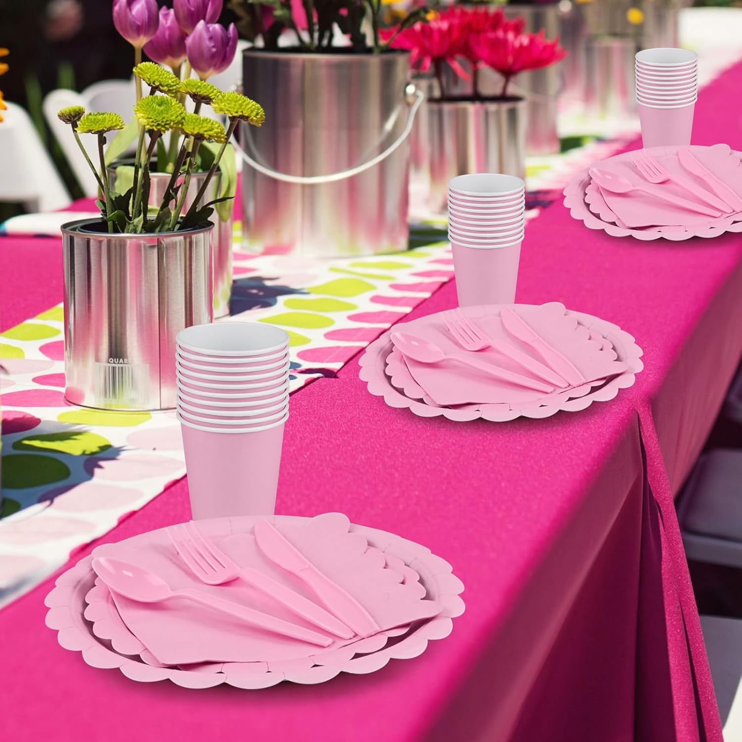 Pink Paper Plates Set for 30 Guests - 220pcs Girl Party Supplies Include Pink Scalloped Plates Napkins Cups Plastic Silverware, Scalloped Dinnerware for Baby Shower, Wedding, Birthday - Image 7