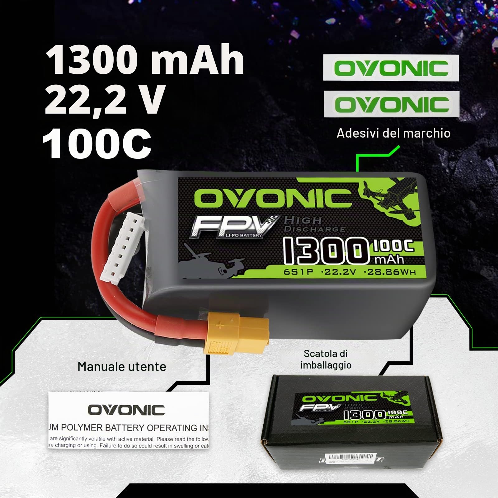 OVONIC Batteria Lipo 6s 1300mAh FPV Batteria 100C 22,2V con connettore XT60 per FPV Racing RC Quadcopter Elicottero Aereo Multi-Motore Hobby fai da te (2 confezioni)