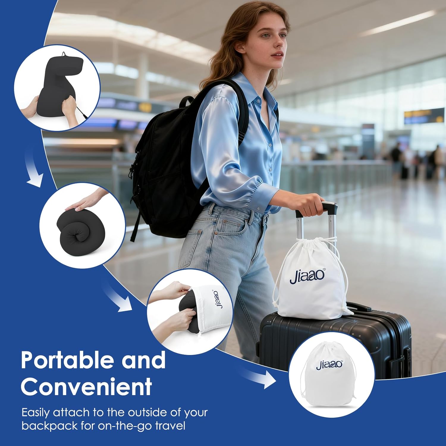 jiaao Travel Pillow Memory Foam Neck Support​, Advanced Memory Foam Neck Pillow for Airplanes, Cars & Trains with Eye Mask, Earplugs & Storage Bag