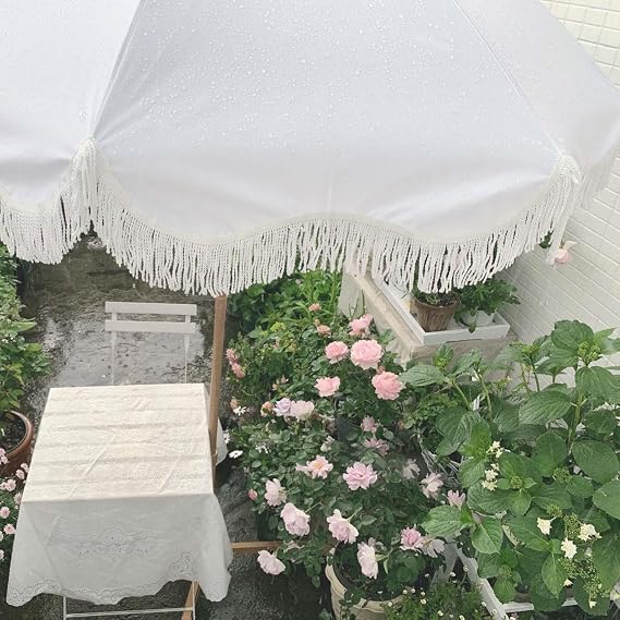 2m Garden Parasol With Tilt Boho Beach Umbrella With Fringe Outdoor Patio Umbrella UV50+ Protection Balcony Umbrella Waterproof Holiday Beach Parasol With Carry Bag Portable Parasol For Deck Pool