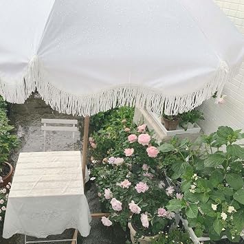 2m Garden Parasol With Tilt Boho Beach Umbrella With Fringe Outdoor Patio Umbrella UV50+ Protection Balcony Umbrella Waterproof Holiday Beach Parasol With Carry Bag Portable Parasol For Deck Pool