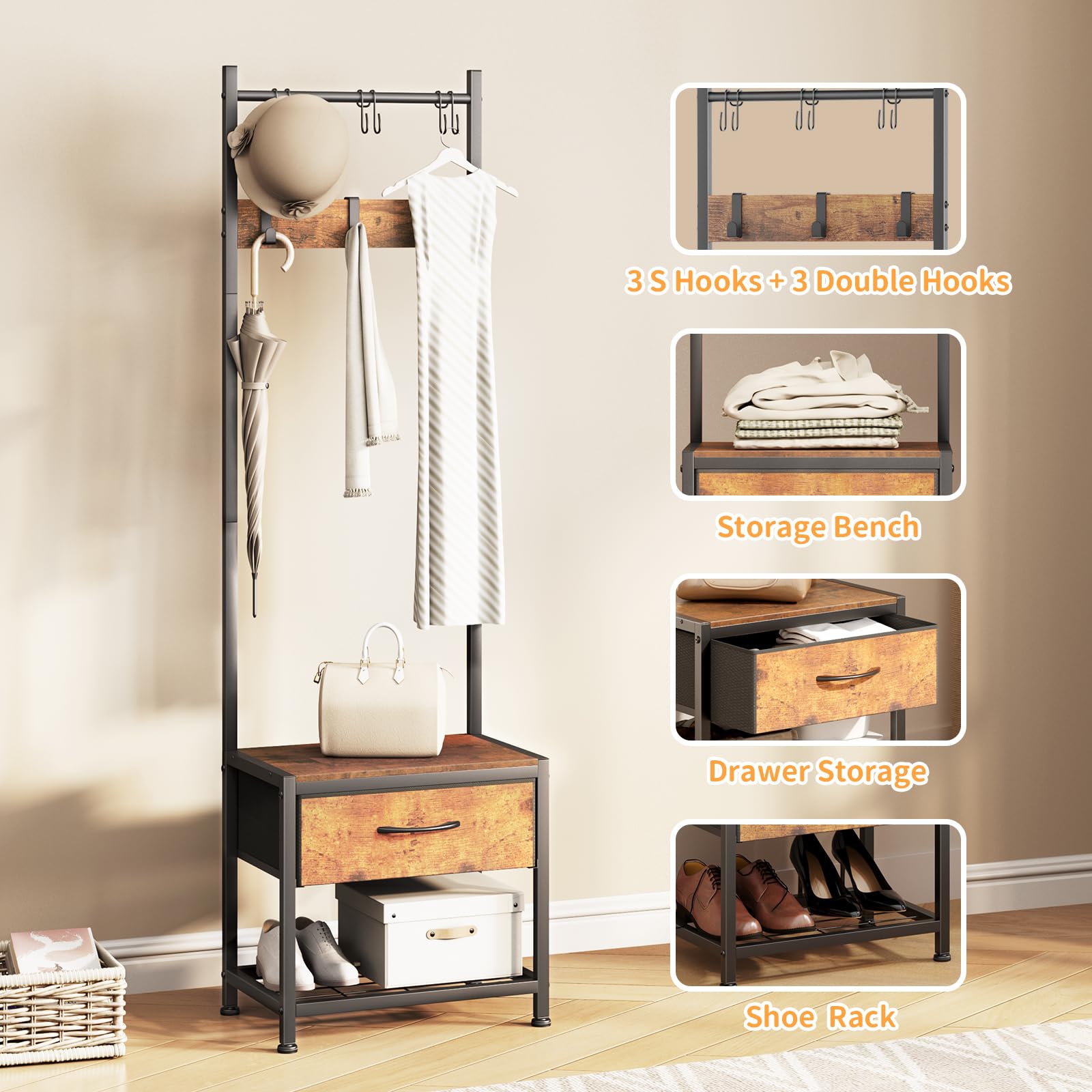 Leader Accesorios Perchero de Suelo Con Zapatero 3 en 1, Estable Con Ganchos Extraíbles para Ahorrar Espacio en el Pasillo y el Dormitorio - Marrón Rústico