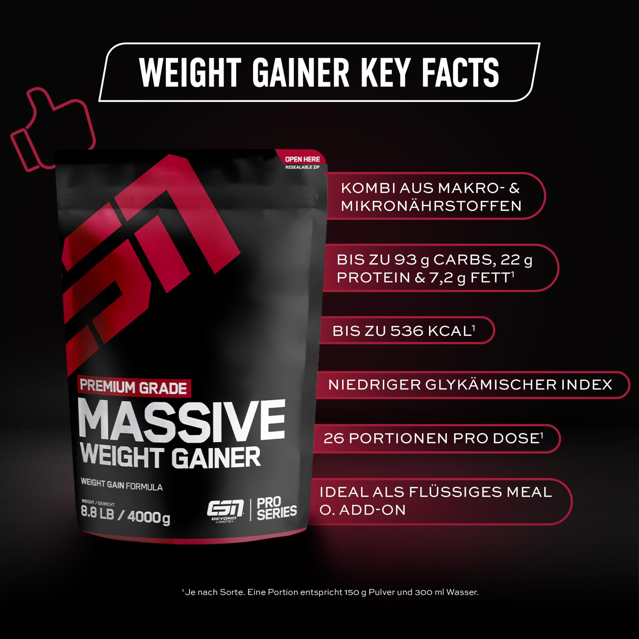 ESN Massive Weight Gainer, Chocolate Cream, 4 kg, ideal für die Massephase, bis zu 536 kcal pro Portion, Pulver zum Masseaufbau und Zunehmen - made in Germany