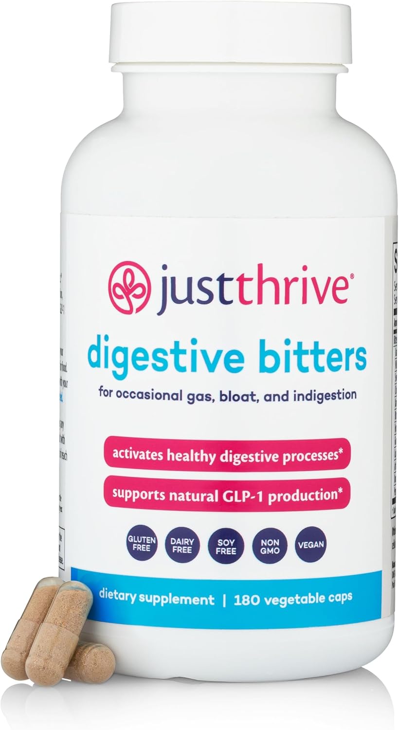 Just Thrive Digestive Bitters Supports Digestion, GLP-1, Eases Bloating, Gut Health, Metabolism & Nutrient Absorption 12 Herbal Extracts 180 Caps