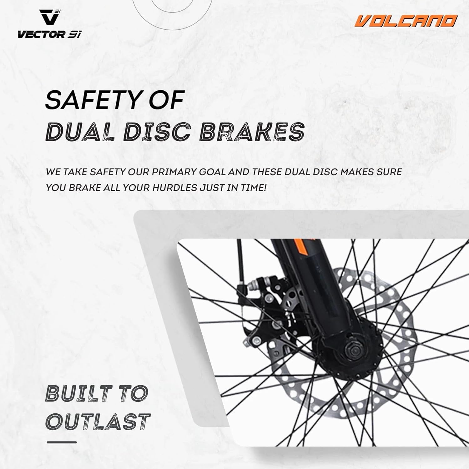 Close-up of the front disc brake and wheel of the VECTOR 91 Volcano Mountain Bike.