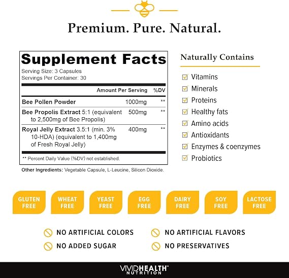 Immune Boosting Royal Jelly, Bee Pollen & Bee Propolis Supplement, 90 Caps | High Potency, Concentrated Apitherapy Formula for Women & Men | Gluten Free, Non-GMO and All Natural Superfood