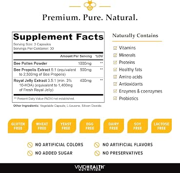 Immune Boosting Royal Jelly, Bee Pollen & Bee Propolis Supplement, 90 Caps | High Potency, Concentrated Apitherapy Formula for Women & Men | Gluten Free, Non-GMO and All Natural Superfood