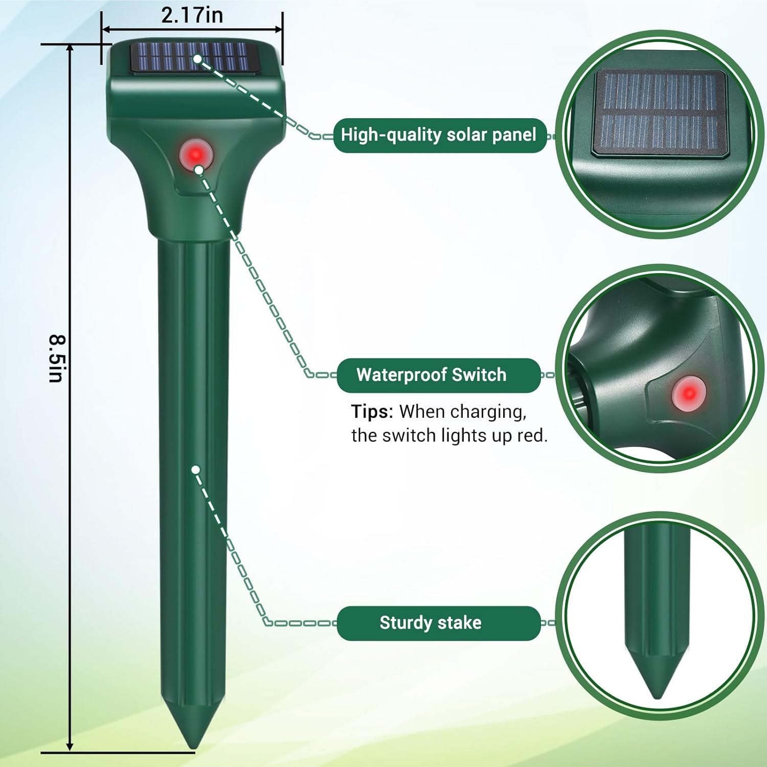 Mole Repellent for Lawns 4 Pack,Solar Gophe Repeller Ultrasonic Gopher Repellent,IPX7 Waterproof Outdoor Vole Vibration Stakes for Yard,Mole Deterrent Spike for Chipmunk Groundhog Snake Rodent,3 Modes