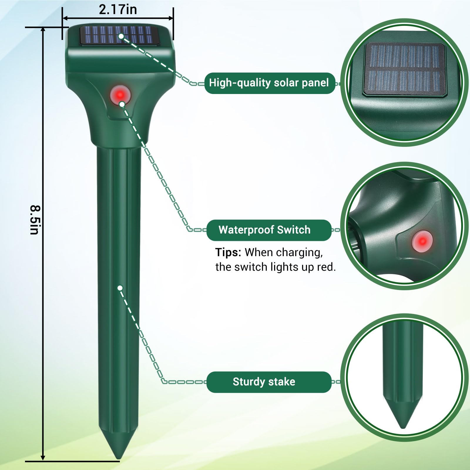 Repelente de topos para césped, paquete de 4, repelente solar ultrasónico de topos, IPX7 impermeable, estacas de vibración de campañol para patio, estaca disuasoria de topos para ardilla, marmota,