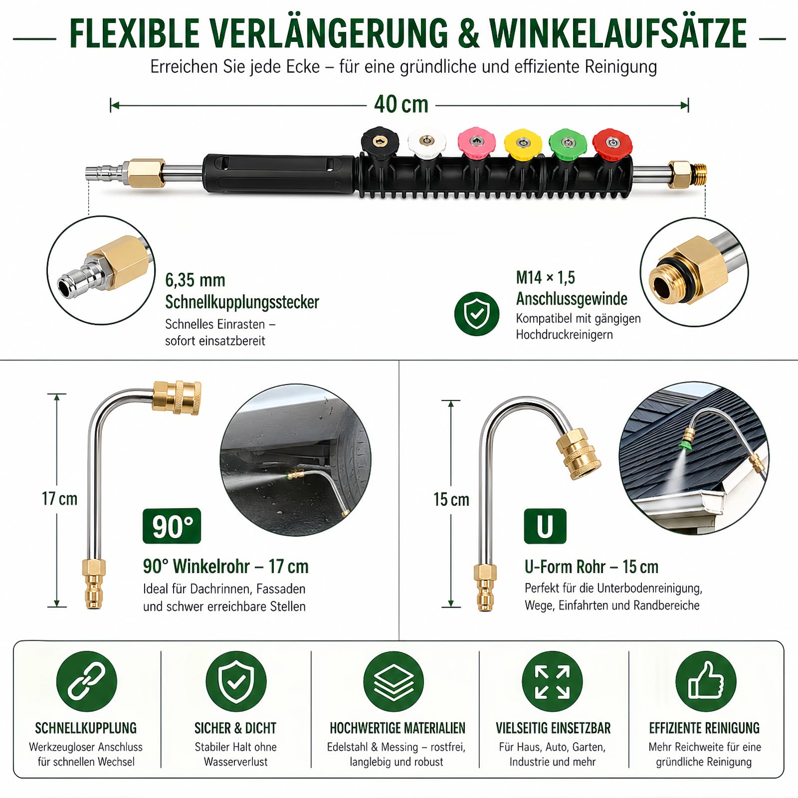 Set di aste di prolunga per idropulitrice ad alta pressione, 10 pezzi, 4000 psi, in acciaio inox con attacco rapido da 1/4", 6 ugelli + 3 barre angolari per tetto, grondaia, facciata e auto