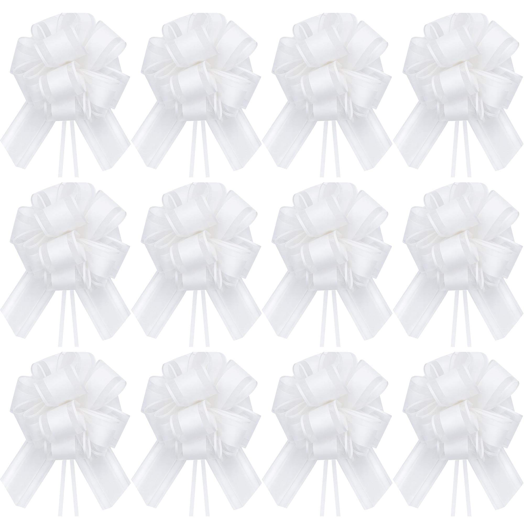 Time to Sparkle 12PCS Organza Pull Bows 17cm*22cm Gift Wrapping Bows Present with Ribbon Pull String for Christmas Baskets,Party Present,Holiday - White