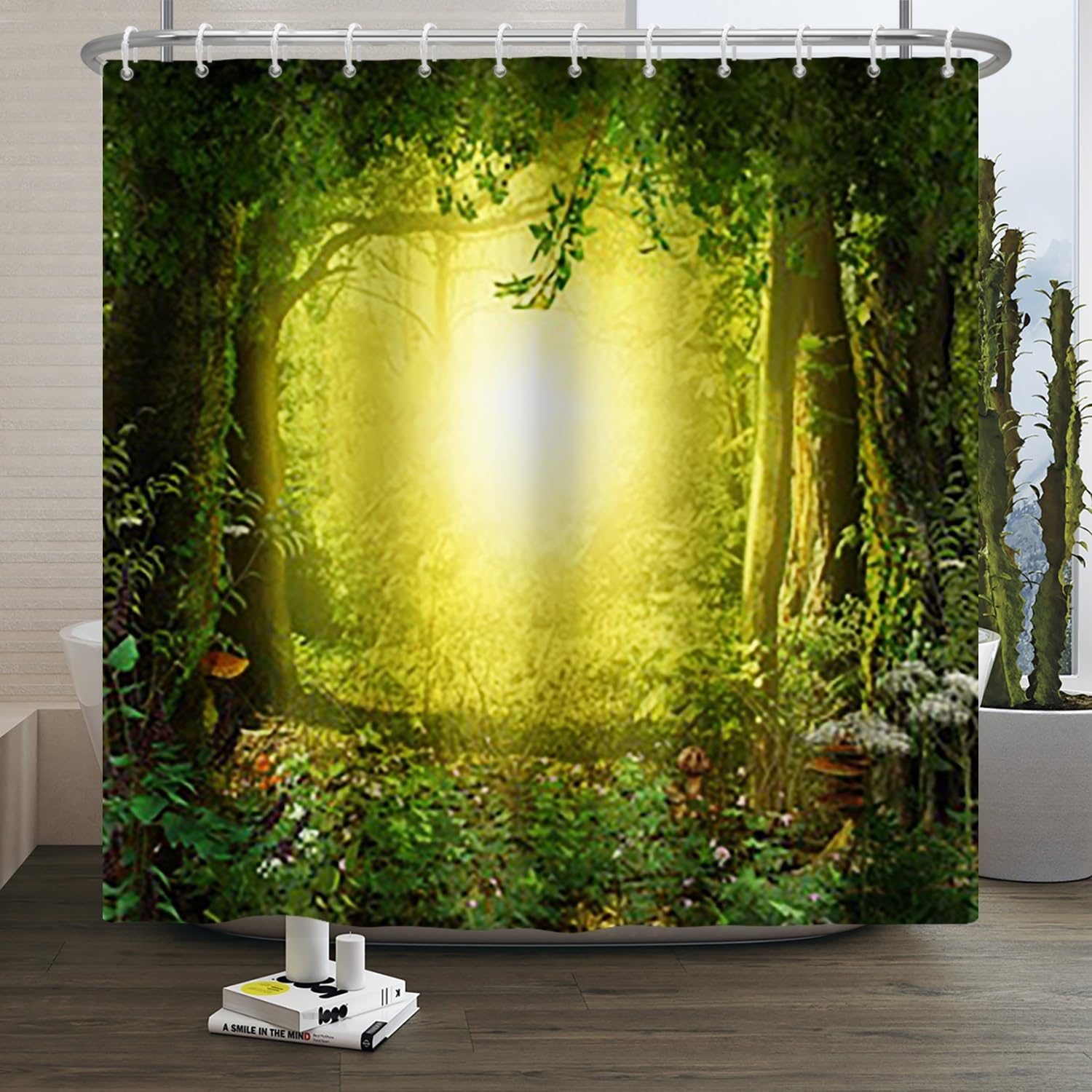 Xiaoterna Fairy Tale Fantastic Forest Shower Curtain Fantastic Woodland Jungle Bathroom Curtain Natural Landscape Sunrise Bokeh Shower Curtain Machine Washable Waterproof Fabric 180x240cm