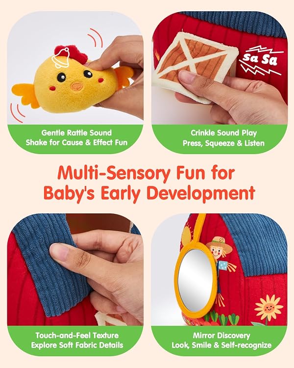 hahaland Baby Toys 6-12 Months - Surprise Barn Stuffed Farm Animals, Rattle, Crinkle, Mirror, Montessori Toys for 6 Month Old Sensory Balls 1-3, Baby Boy Gifts, Farm Plush Toys for Babies Travel Toy by hahaland - Image 3