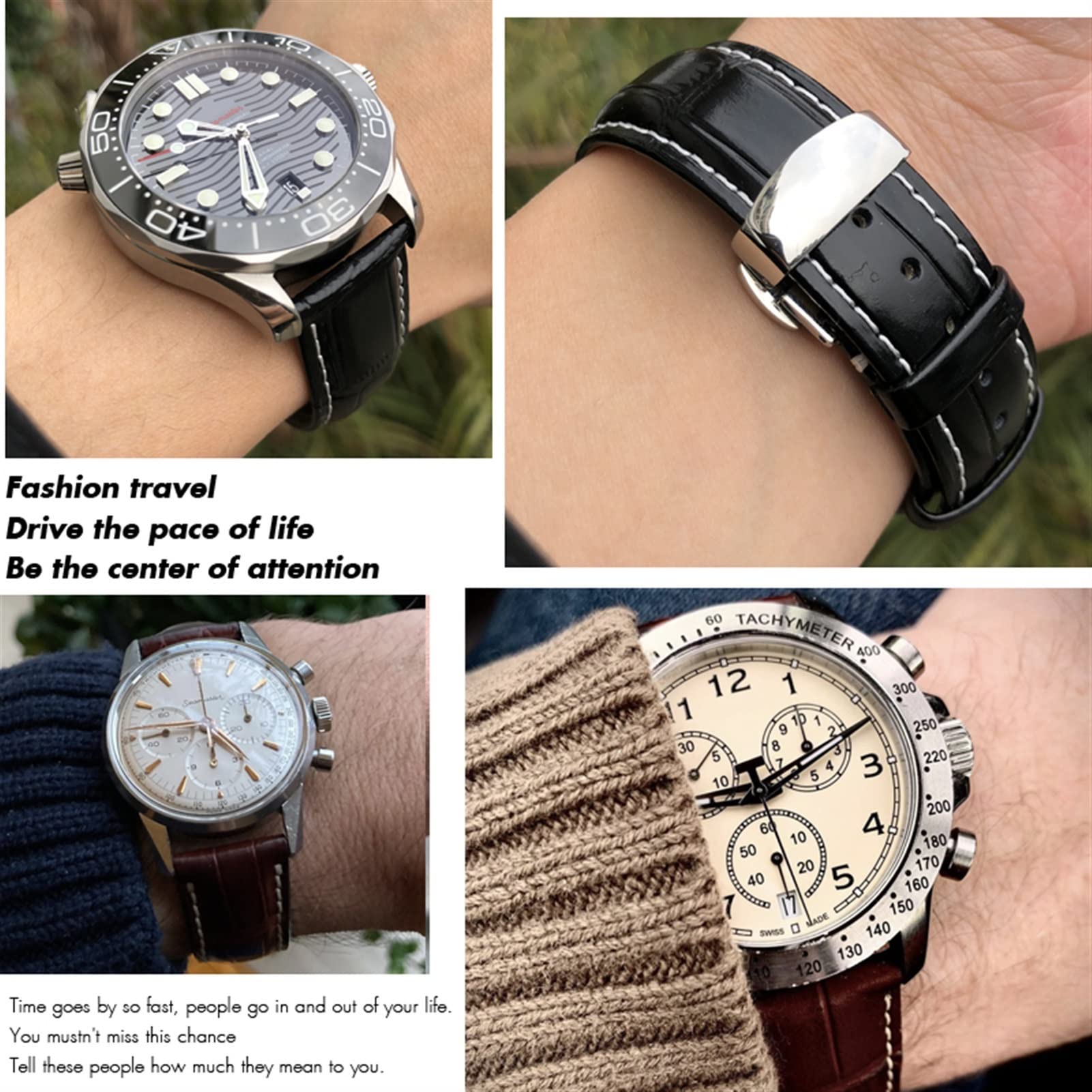 ONECM Bracelet de montre en cuir de vachette 20 mm 22 mm 19 mm 21 mm en acier inoxydable avec boucle papillon, 22mm, Agate