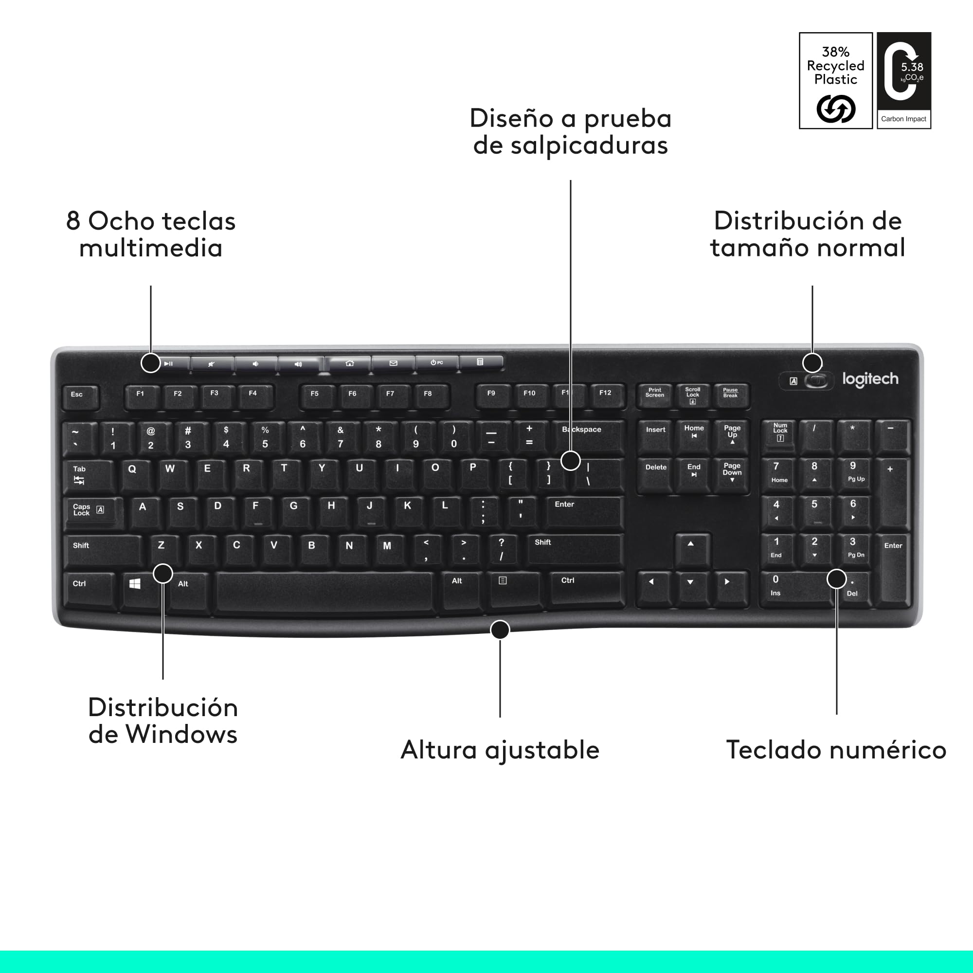 Logitech K270 Teclado Inalámbrico a 2 | Teclado 2,4 GHz para Windows, tamaño completo, 8 teclas multimedia, batería 2 años, QWERTY Español - Negro