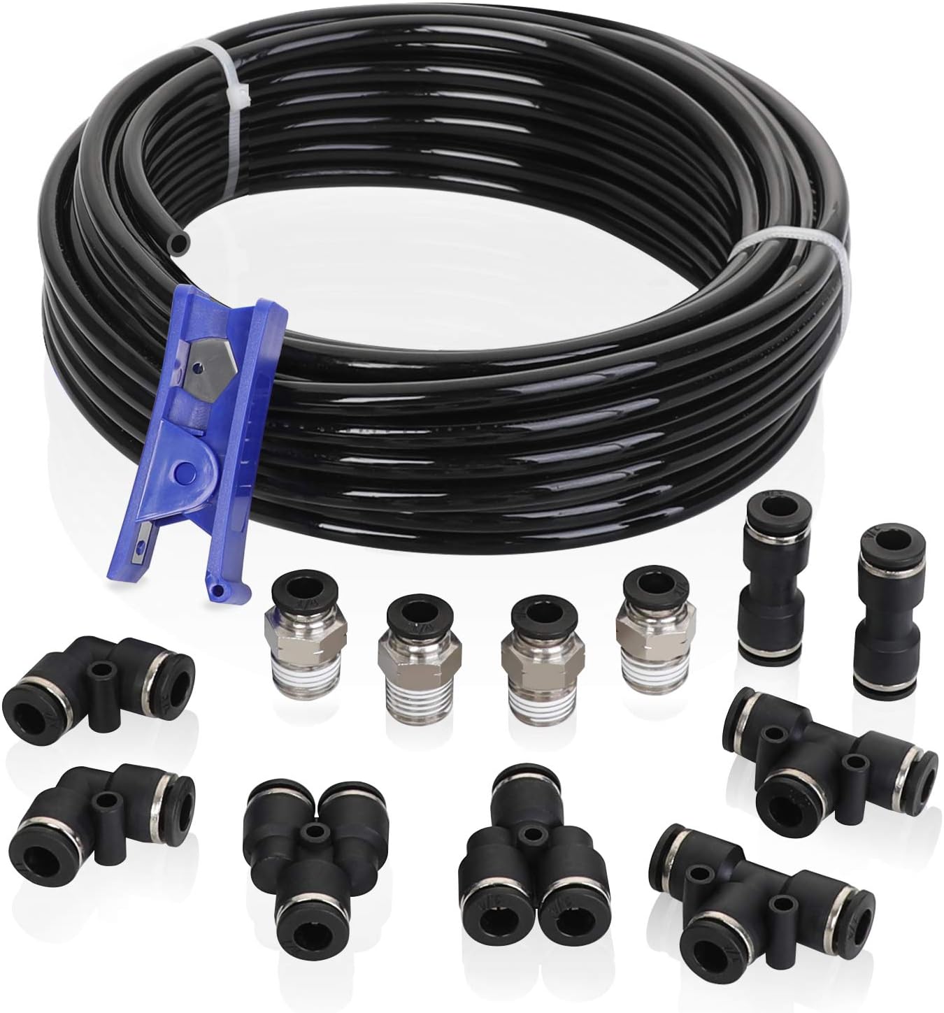 Hromee Air Line Tubing Kit, 1/4 Inch (6.35MM) OD x 32.8 Feet Polyurethane PU Tube and Push to Connect Fittings, 14 PCS Compressed Pipe and Accessories Kit