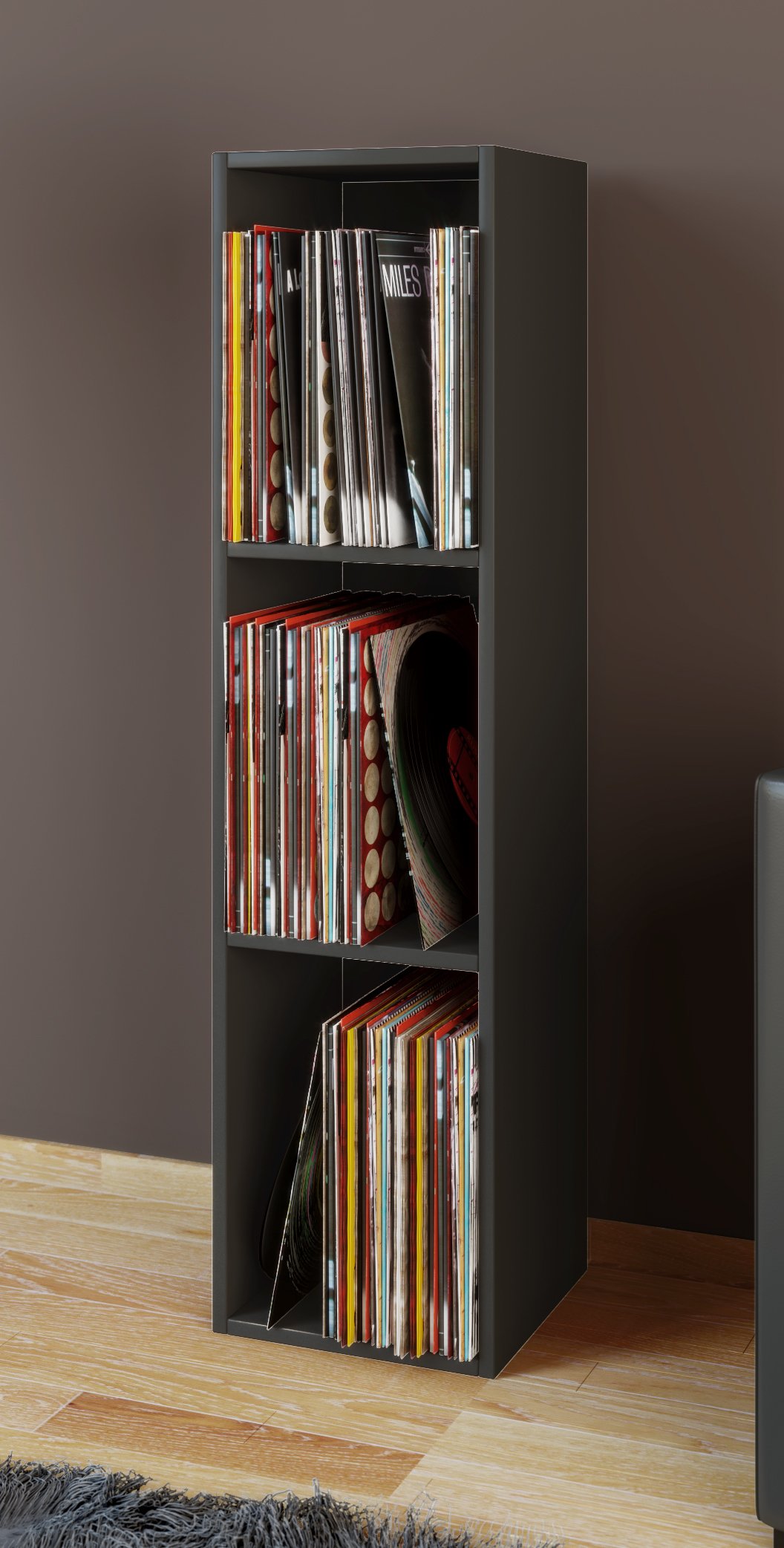 VCM Meuble Tourne Disque Vinyle, riles Vinyle, Meuble Rangement Vinyle Bois Disques vinyles LP Stand Étagère d'archivage Support de Rangement Platto 3 Compartiments Noir