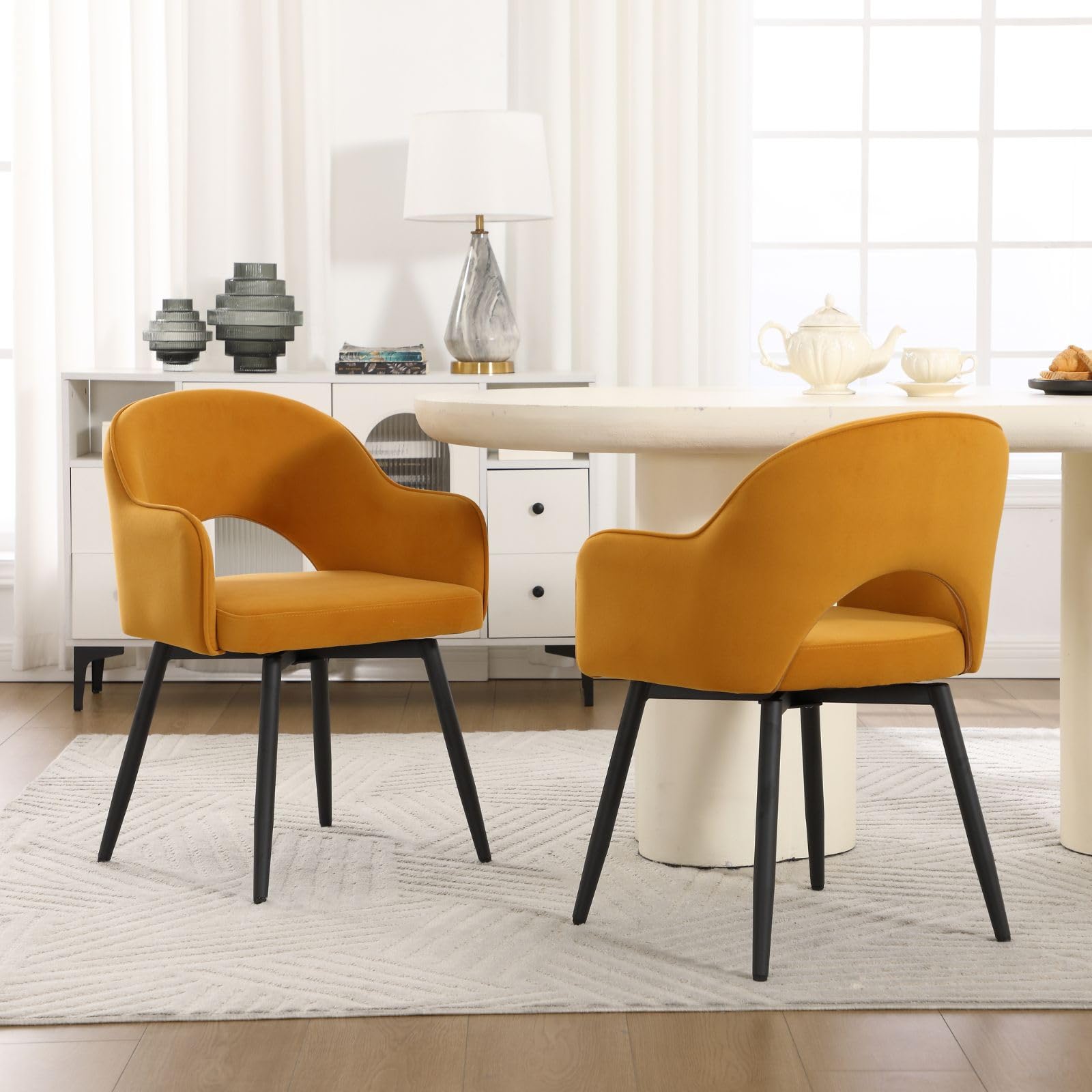 Ya-Home Set of 2 Dining Chairs Velvet Kitchen Swivel Chairs with Armrests for Dining Room/Living Room, Yellow