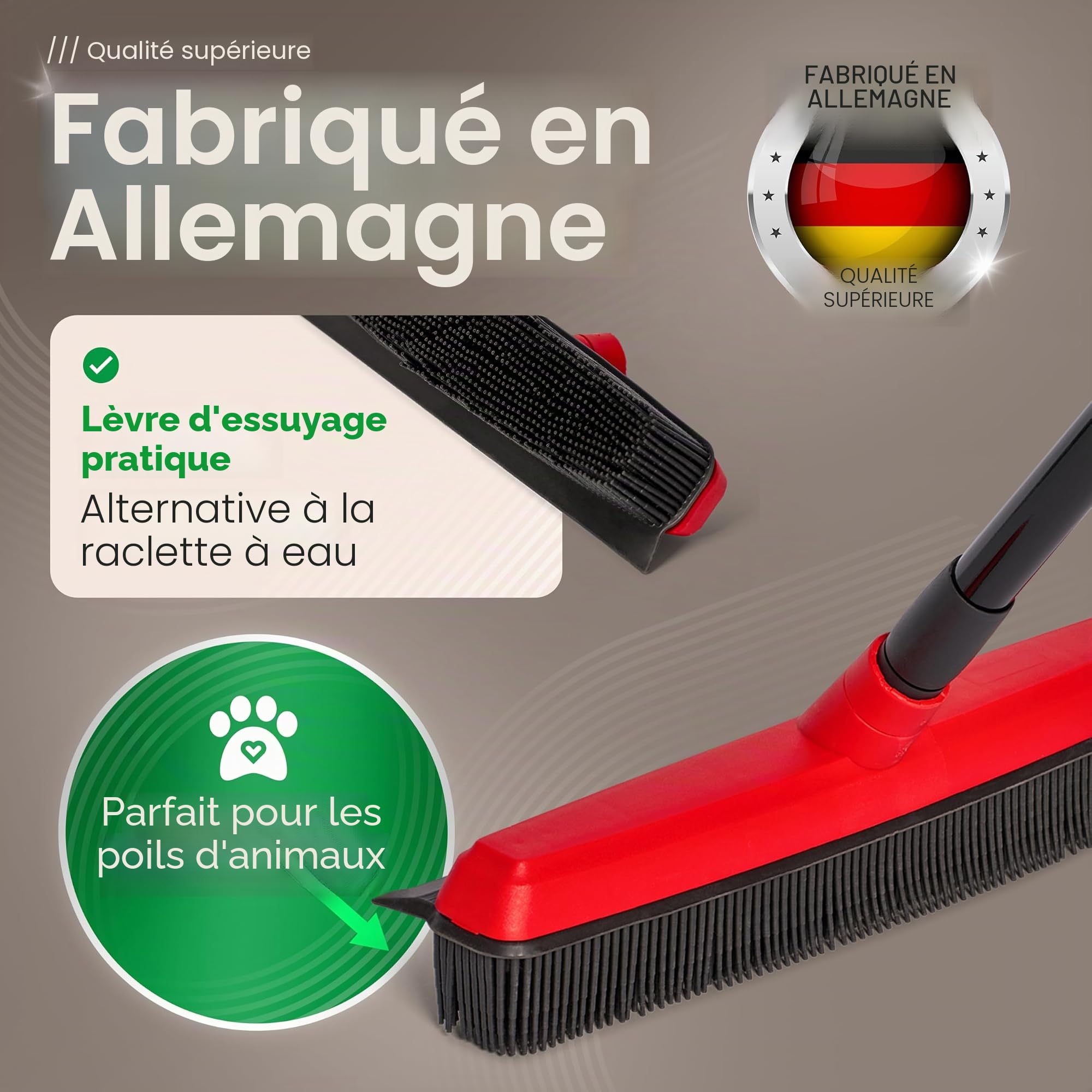 Novaliv Balai en Caoutchouc avec Manche à Piquer et Balayette - Set de Coiffeur - Épilateur pour Chien - Broom - Parquet - Pour l'Intérieur - Extracteur de Tapis