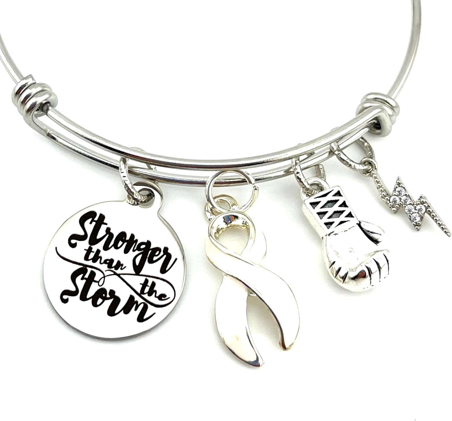 White Awareness Ribbon Stronger Than The Storm Encouragement/Lung Cancer Survivor Charm Bracelet
