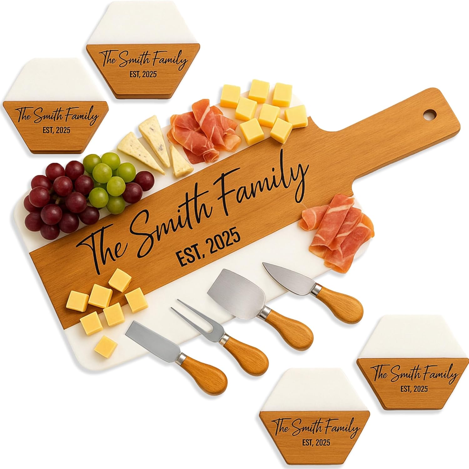 Personalized Acacia Wood & Marble Cutting Board with 4 Coasters - Custom Engraved Charcuterie Set for Weddings, Housewarmings, Anniversaries