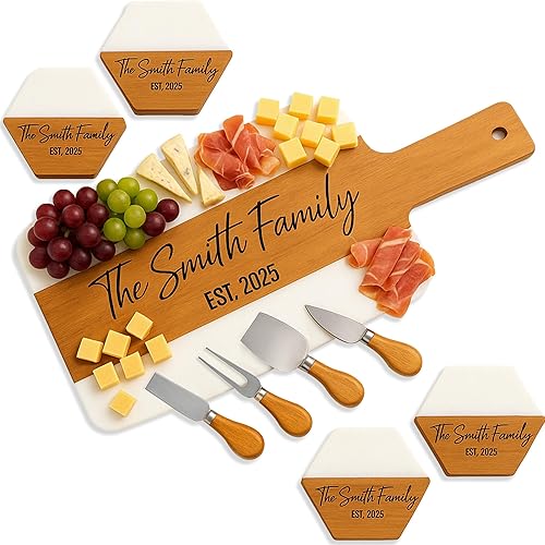 Personalized Cutting Board & 4 Coasters Set – Acacia Wood & Marble – Multi-Purpose, Food-Safe Charcuterie Boards – Gift for Weddings, Housewarmings,