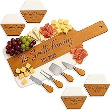 Personalized Cutting Board &amp; 4 Coasters Set &ndash; Custom Acacia &amp; Marble Charcuterie Boards, Weddings, Housewarmings, New Home Owners, Anniversary, Bridal Showers, Couples, Mother&rsquo;s Day Gifts for Women
