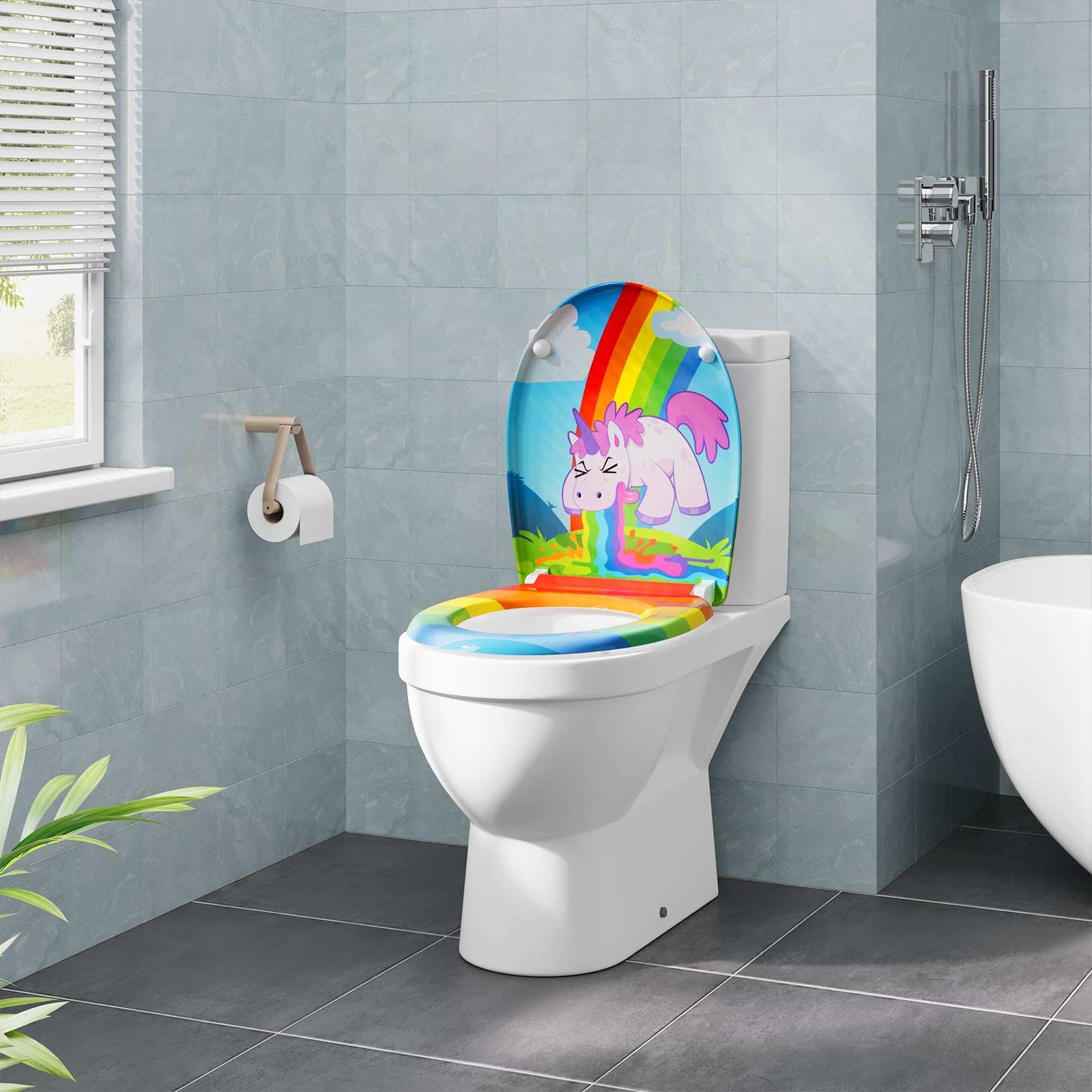 eSituro Toilettendeckel, WC Sitz mit Absenkautomatik, Klodeckel mit Schnellverschluss, 360° verstellbaren Scharnieren, Klobrille aus Duroplast, Regenbogen- und Einhorndruck