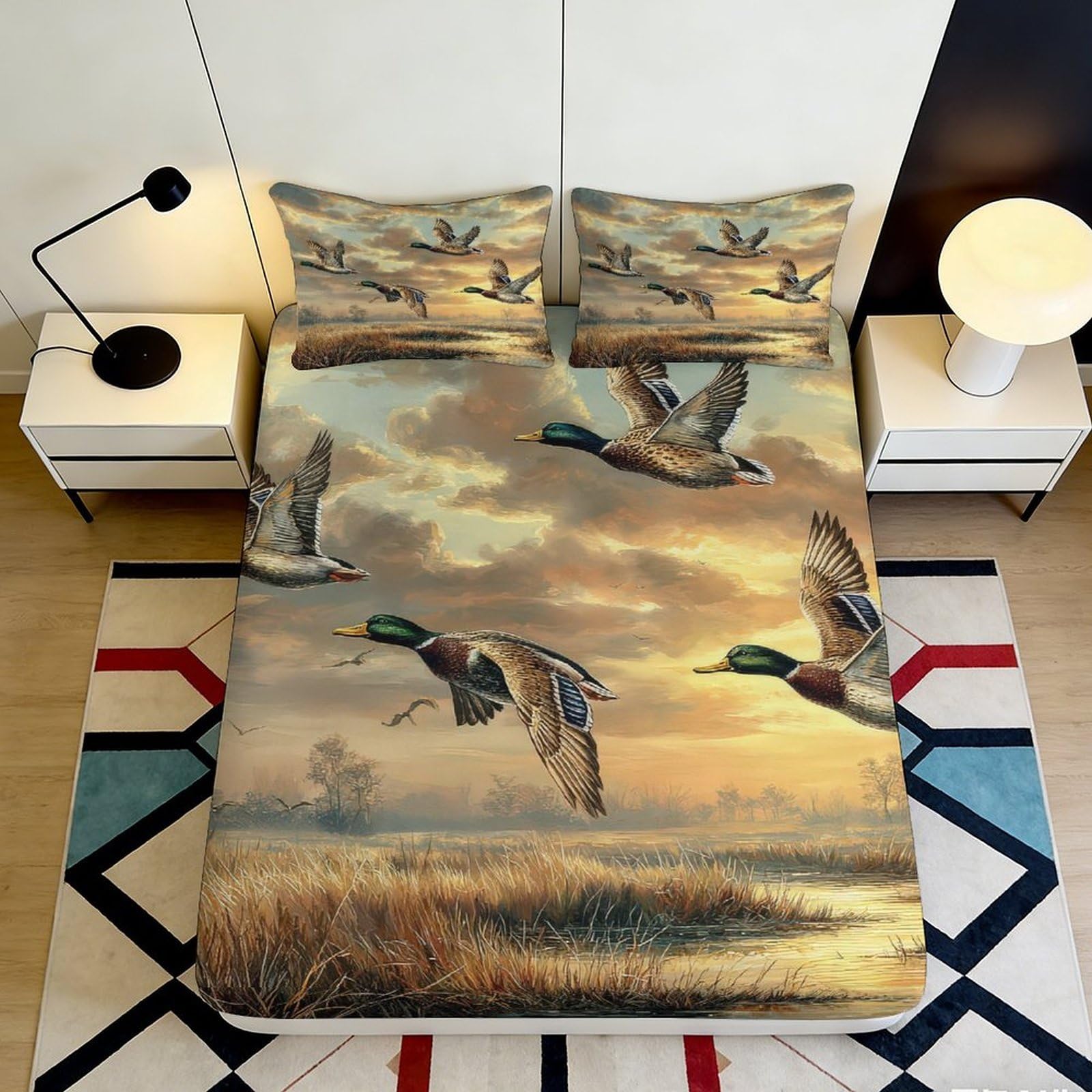 3D Printed Flying Mallard Ducks Fitted Sheet Microfiber Soft Matte Sunset Wetlands Mattress Cover Bedroom Decor 90x200x25cm