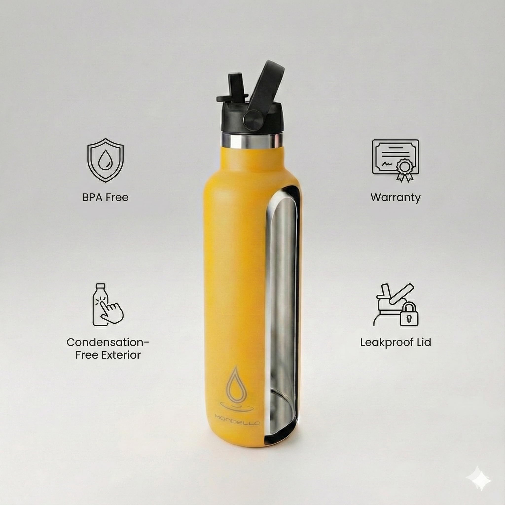 Mondello Borraccia termica in acciaio inox con cannuccia e cinturino (giallo, 750 ml) – thermos a doppia parete, ermetica, senza BPA, per bevande calde e fredde