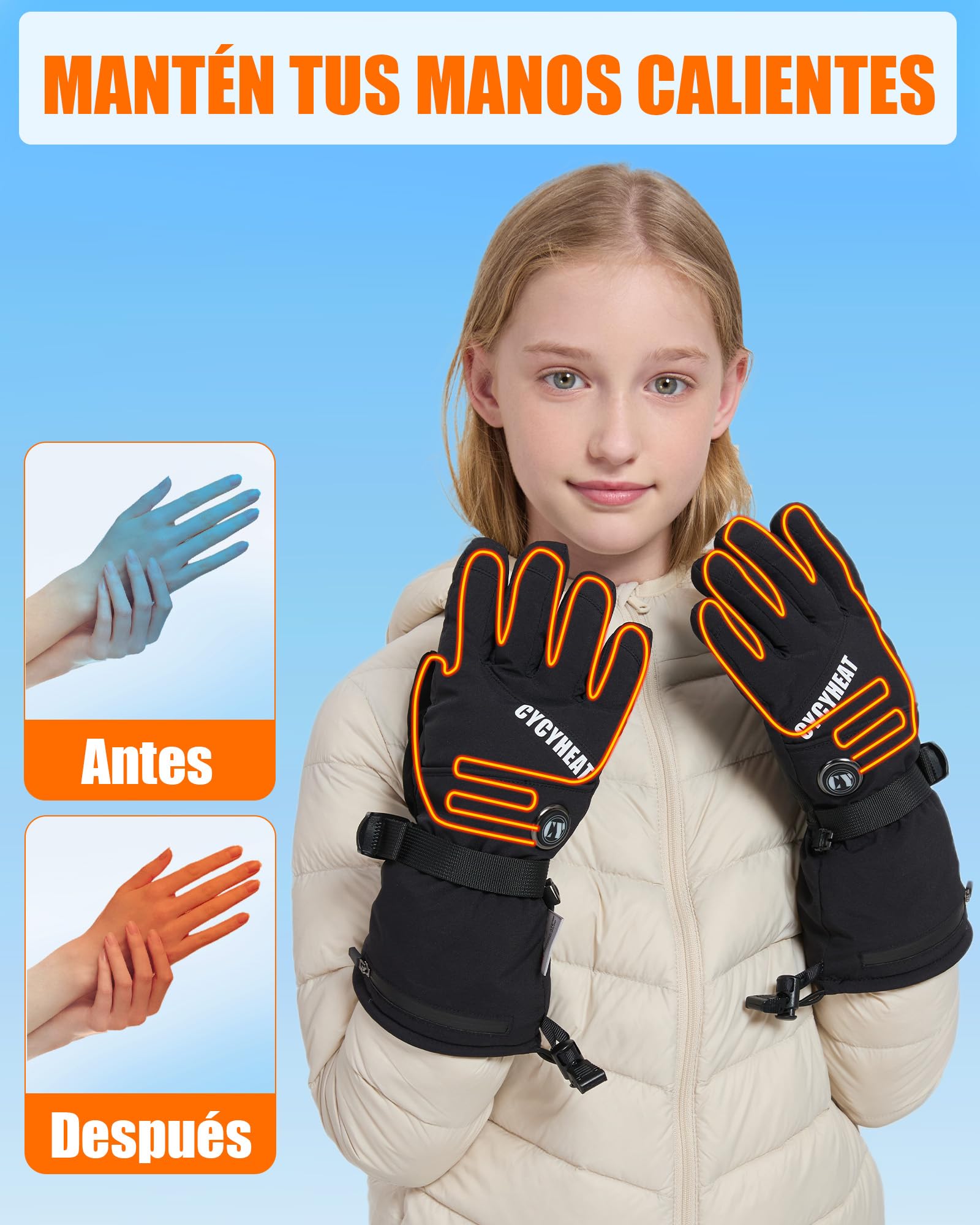 CYCYHEAT Guantes Calefactables Niños – Guantes de Esquí Impermeables para Niños y Niñas con Tecnología de Calefacción Mejorada y Batería 5000mAh (Negro + batería de 5000 mAh, L/XL)