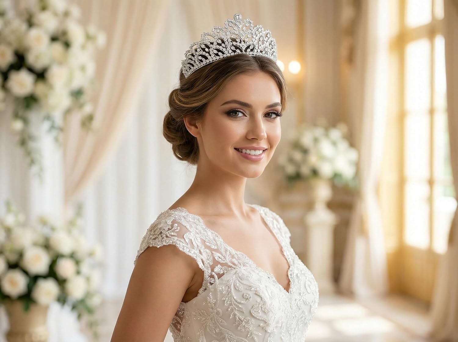QXMYOO Luxury Full CZ Diamond Wedding Tiaras Tall Crowns for Bride Pageant Prom Quinceanera Birthday Party Silver Gold Crystal Headpieces Bridal Hiar Accessories Cubic Zirconia