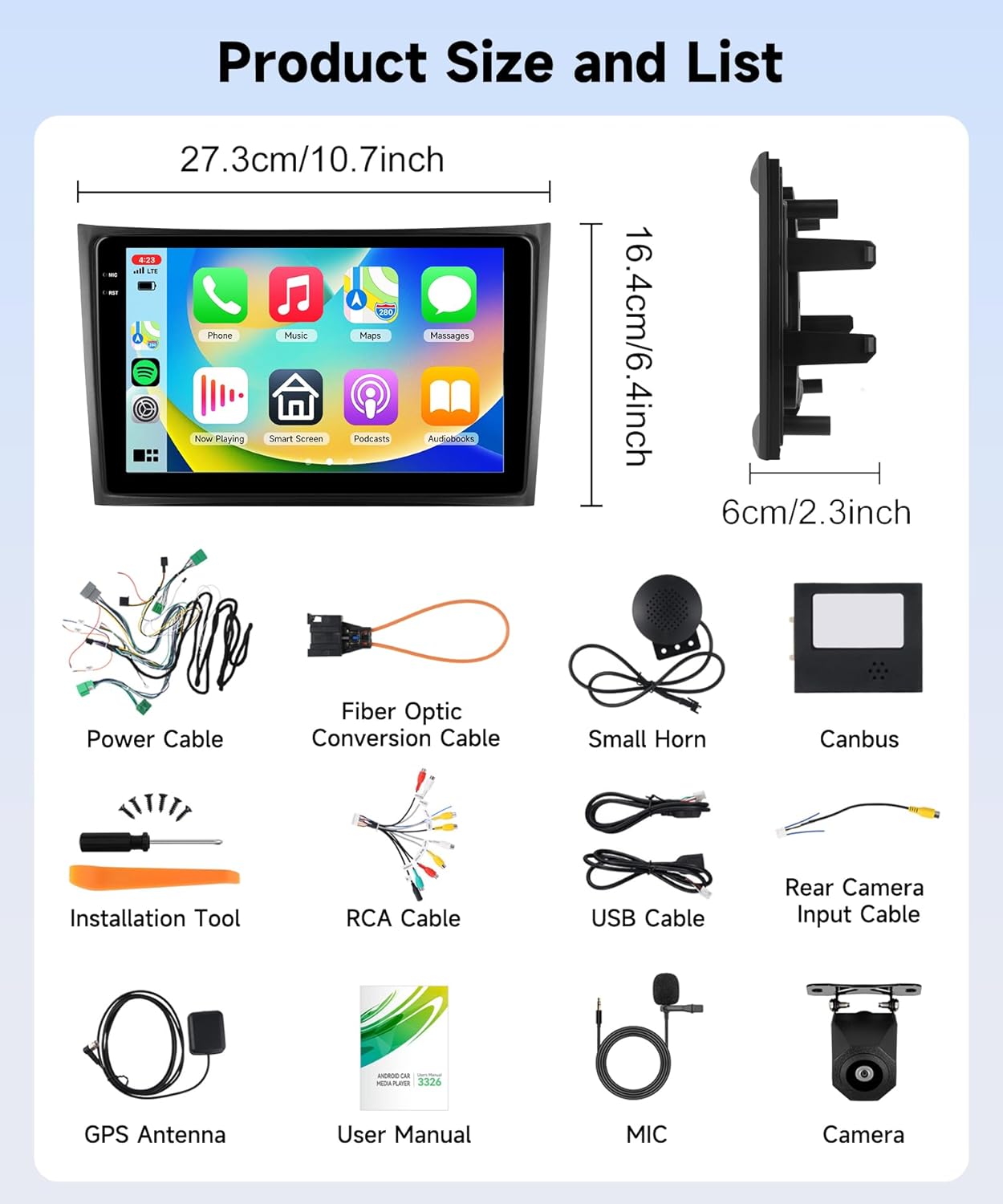 Diagram showing the dimensions of the car stereo and a list of all included accessories